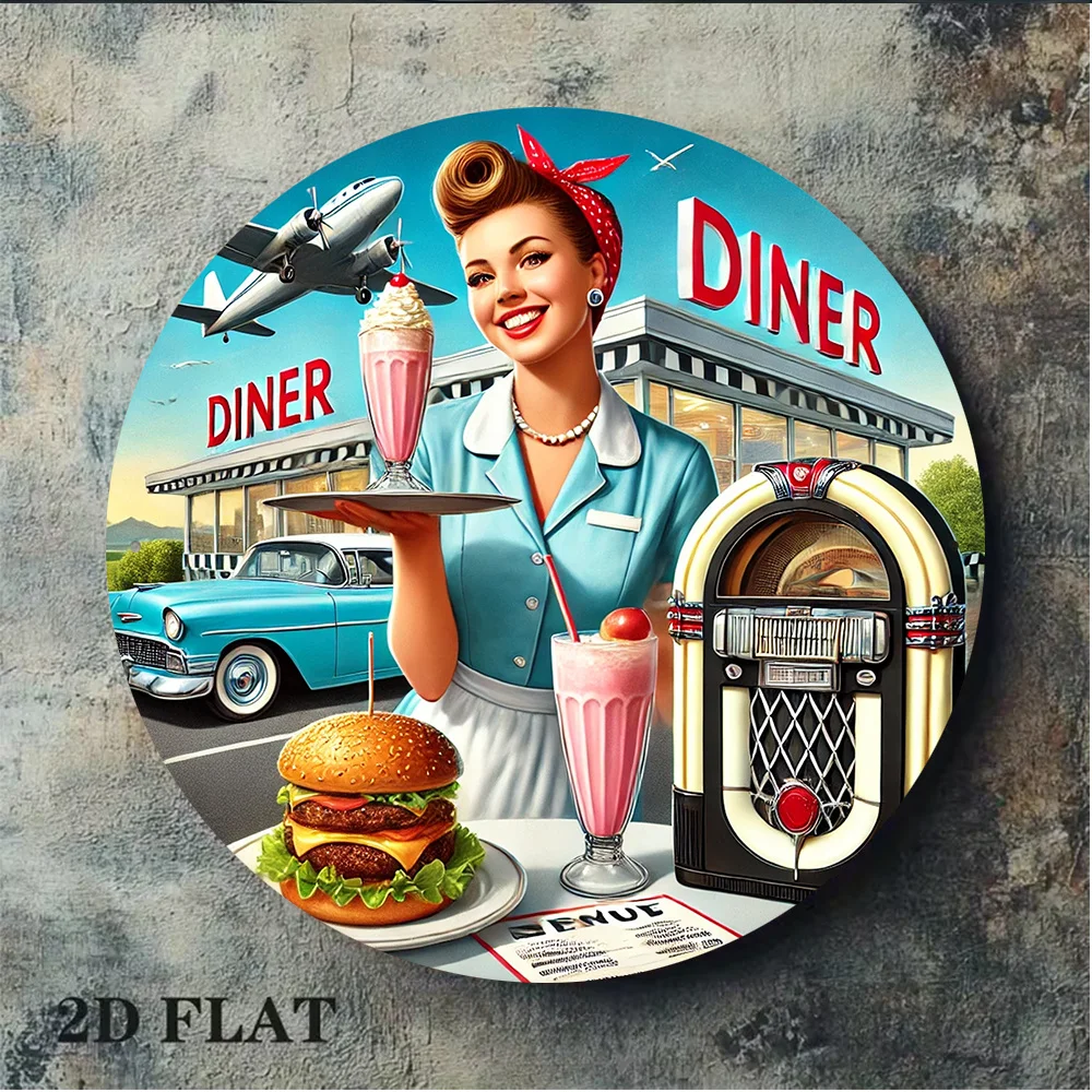 2D Metal Sign 8x8in Round Aluminum Vintage American Diner Wall Art Retro Car Milkshake Decor for Bar Cafe Restaurant Gift