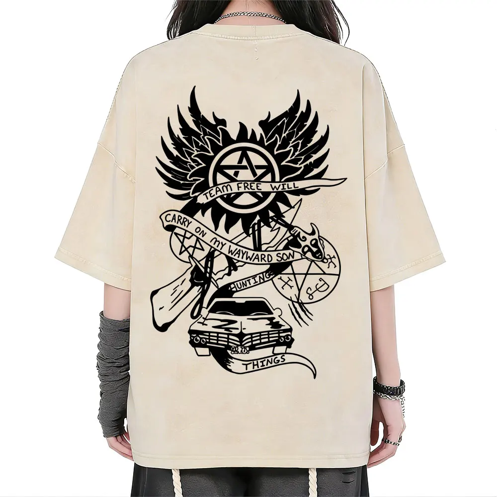 

Hot Sale TV Series Supernatural Vintage Washed T-shirt Men Women Casual Retro Oversized T Shirt Tops Male Summer Cotton T-shirts