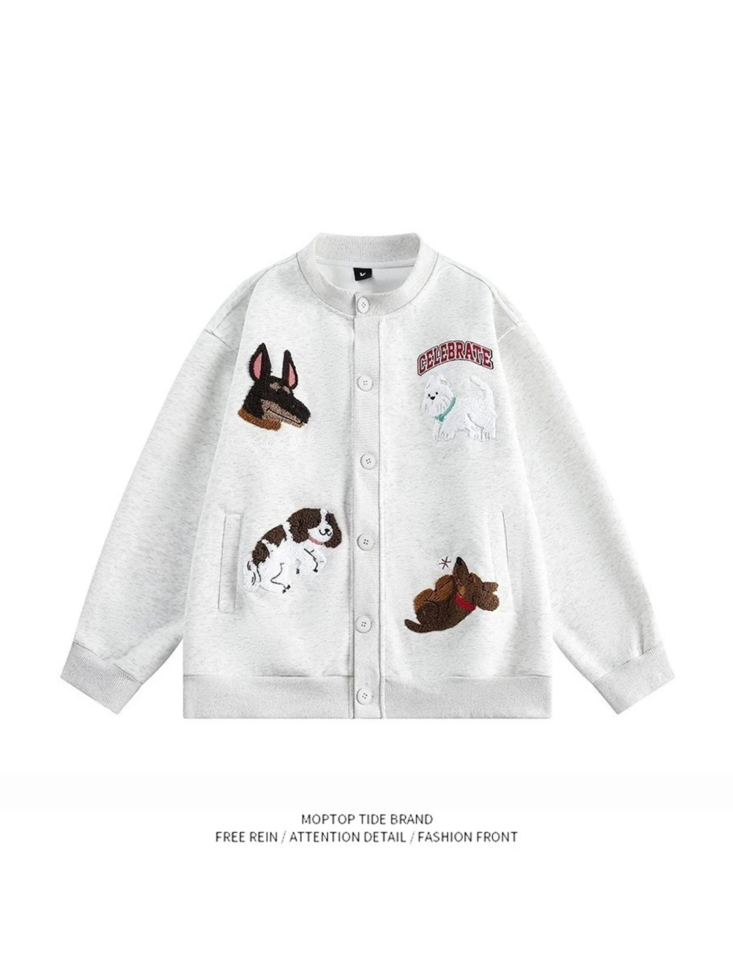 Retro American Cartoon Dog Flower Knit Cardigan Sweatshirt Loose Unisex Autumn Winter Fashionable Polyester Long Sleeve Jacket