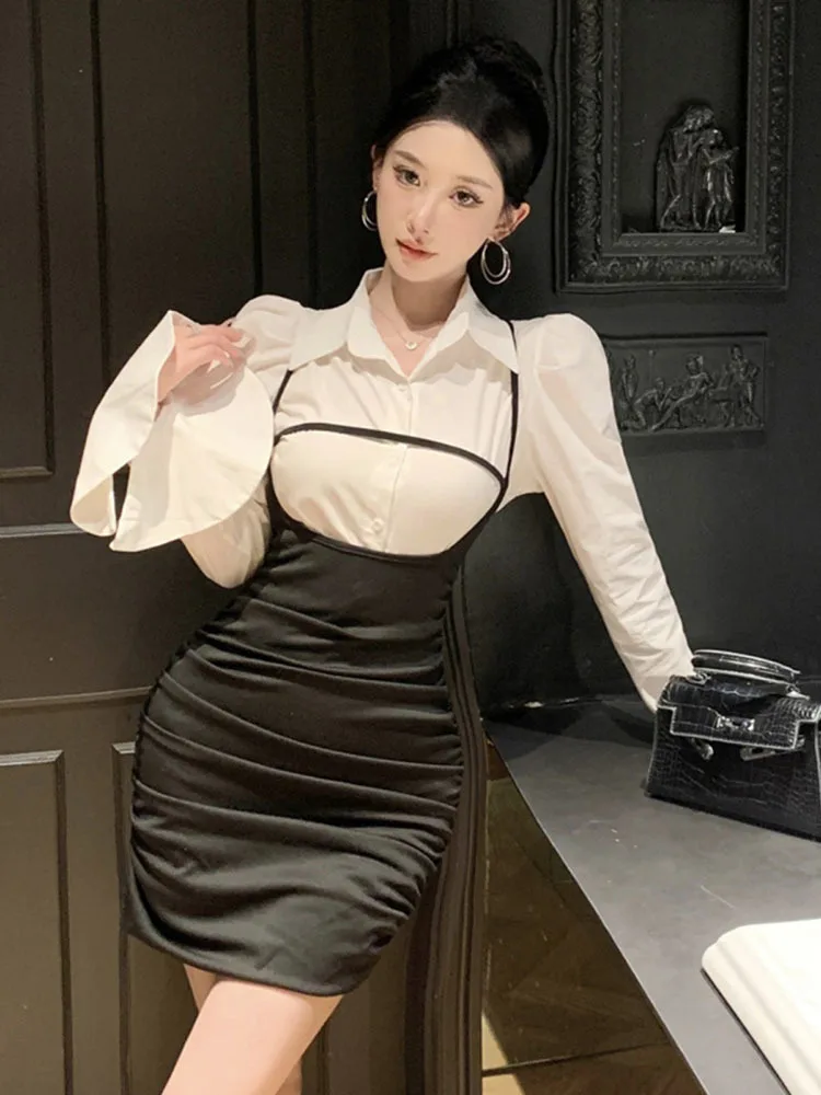 Temperament Two Piece Long Sleeve Slim Fit Wrap Hip Dress Elegant Women Fork Mature Sexy Charm Fashion