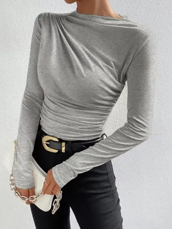 2025 موضة جديدة عادية بلون سليم صالح قاعدة قميص مع تصميم مطوي بأكمام طويلة تي شيرت المرأة البلوز الأعلى