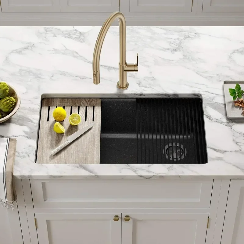 KRAUS Bellucci 32” in. Drop In Workstation Granite Kitchen Sink in Metallic Black with Accessories, KGUW2-33MBL