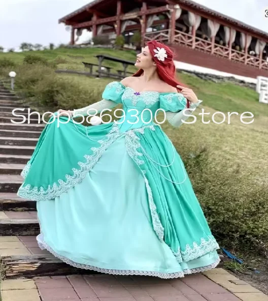 Cosplay Grüne Ballkleider Schulterfrei Spitze Belle 1860er Abendkleid Korsett Halloween Steampunk Partykleid Maßgeschneidert