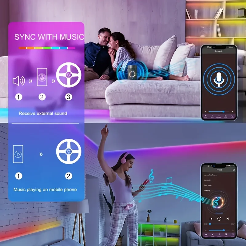 음악 동기화, 앱, 리모컨, TV, 홈 데코, 캐비닛 조명용 색상/타이머 조명 기능이 있는 5m RGB 스마트 5050 LED 라이트 스트립