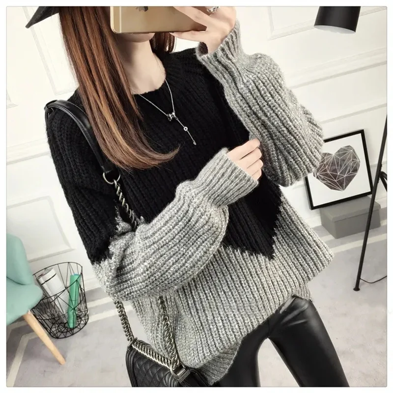 Thickened Coarse Yarn Sweater For Women's Autumn Winter New Collection Color Blocked Loose Base Outer Round Neck Knitted Sweater