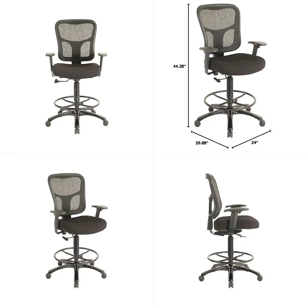 Taburete de tela TP8200 con respaldo y reposapiés con soporte lumbar, negro