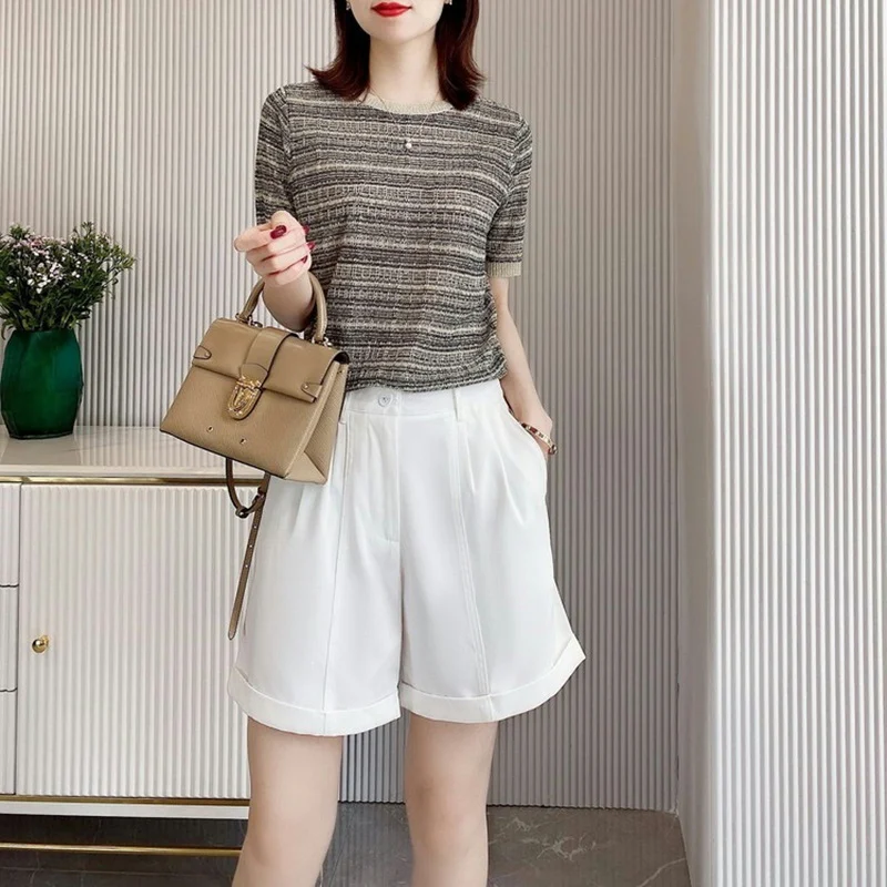 Summer Korean Style Women's Fashion Short Sleeve Ice Silk Knitted Top Hollow out Belly Covering Slimming T-Shirt Straight Cut