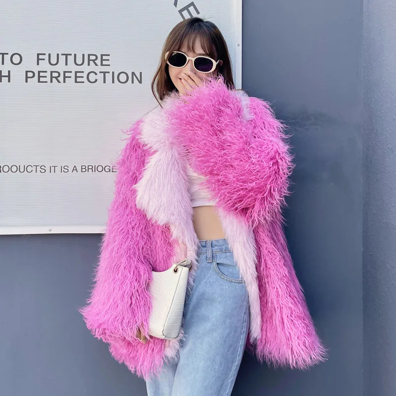 Mongolia Sheep Fur Coat for Women Winter Clothes Long Faux Fur Coat Pink Patchwork Plush Jacket Synthetic Fur KoreanToka 2023