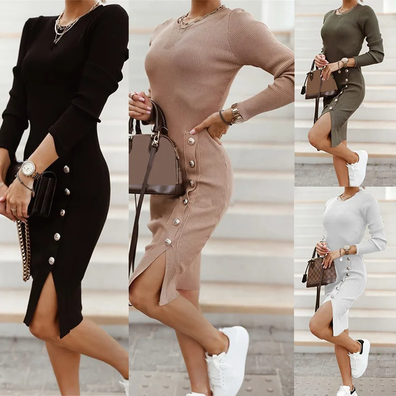 

2024 Sexy Bodycon Slit Knitted Dresses Women Autumn Long Sleeve High Waist Button Midi Dress Elegant O Neck Elastic Party