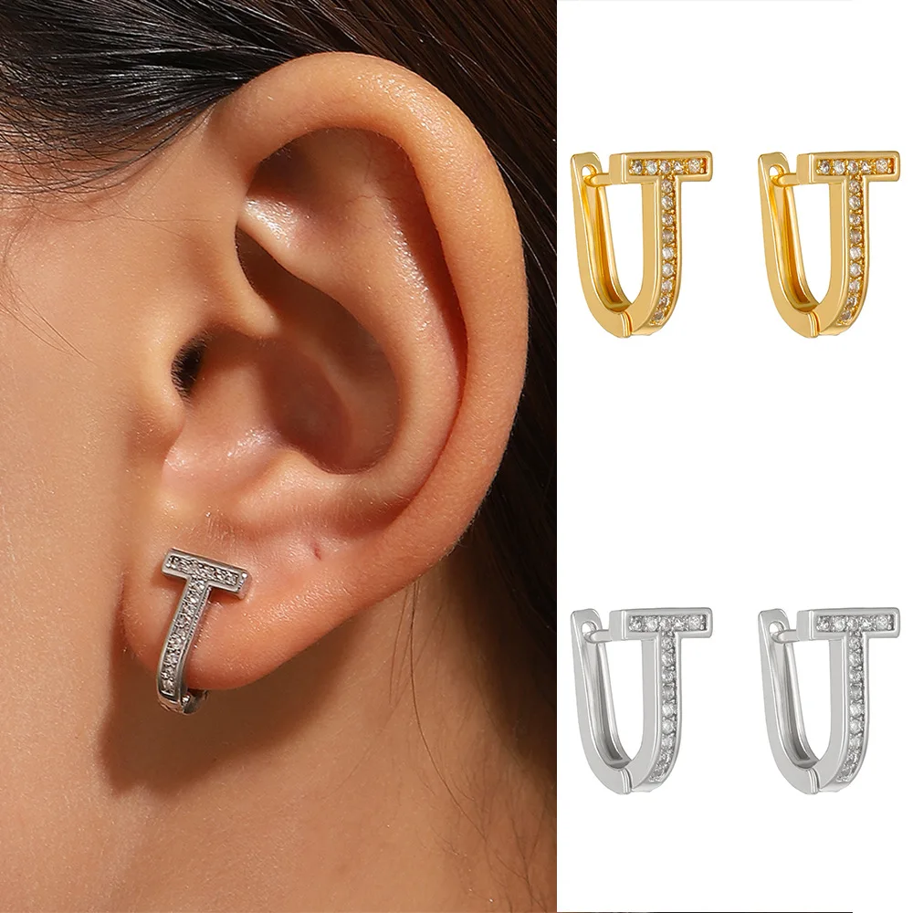 U-shaped Letter T Inlaid Zircon Stud Earrings For women Luxurious Trendy Body Jewelry Accessories Gift