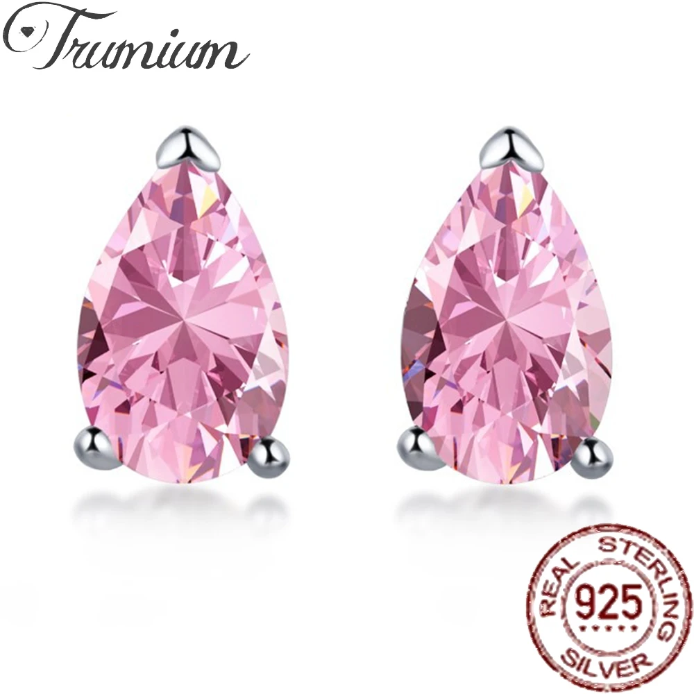 

Trumium Real S925 Sterling Silver AAAAA Zirconia Earrings for Women Pink Water Drop Zircon Stud Earrings Luxury Wedding Jewelry