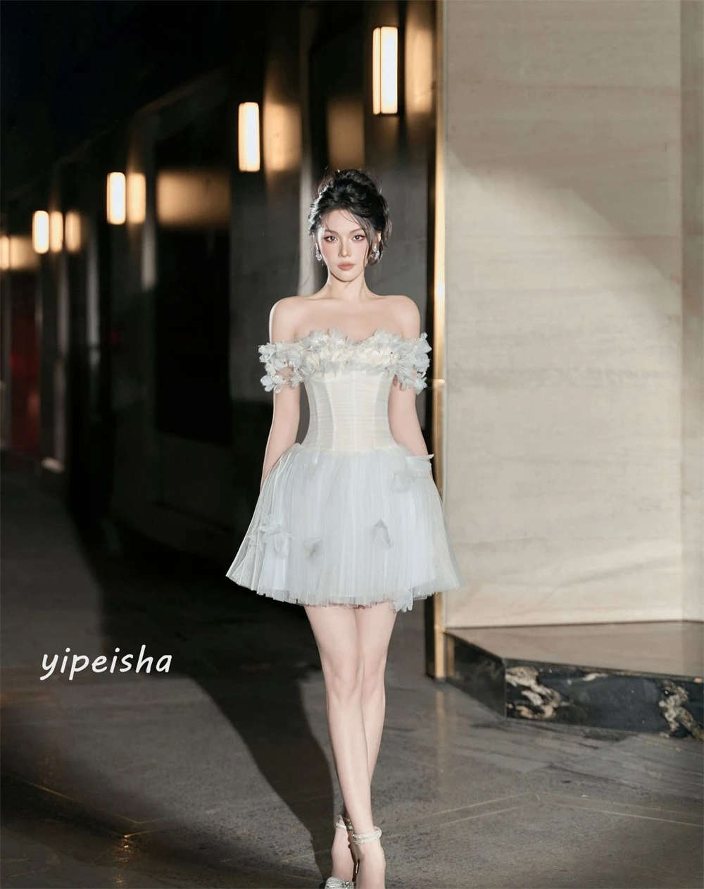 Tulle Flower Pearl  Beading Ruched Homecoming A-line Off-the-shoulder Bespoke Occasion Gown Mini Dresses