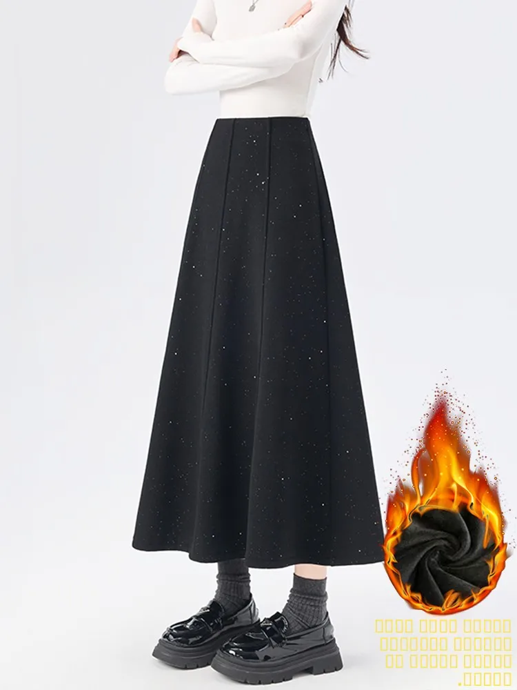 

Новая теплая женская юбка из шерсти с пайетками, на меховой подкладке, с высокой талией, А-силуэт, повседневная, для ежедневной носки