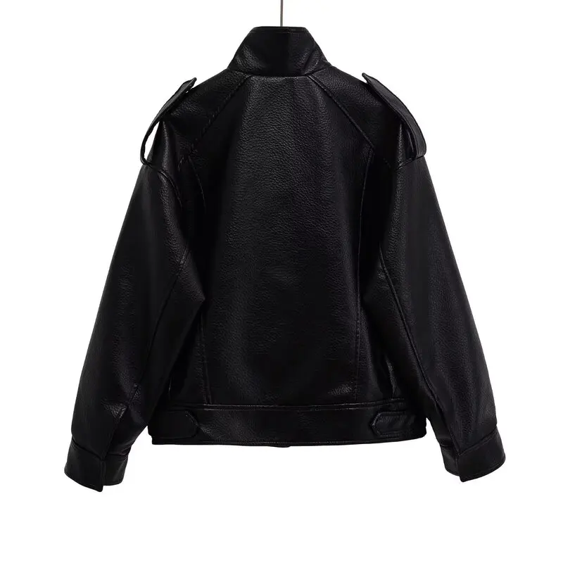 เสื้อแจ็คเก็ตนักบินหนังดีไซน์ใหม่สำหรับผู้หญิง ฤดูใบไม้ร่วง 2025  แบบมีซิป แขนยาว แฟชั่นสำหรับสุภาพสตรี