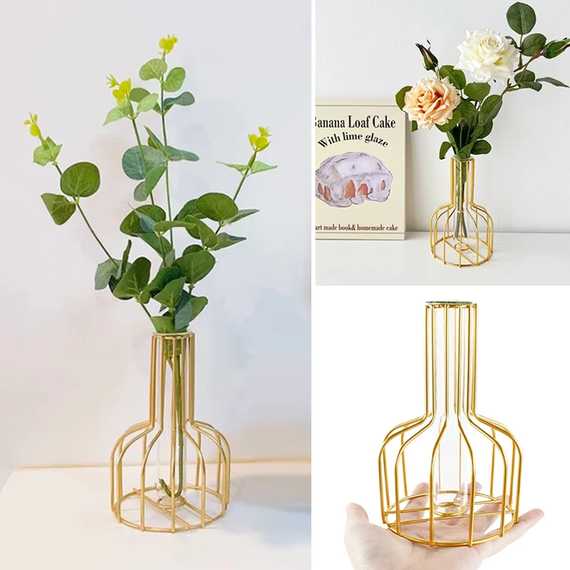 1 Set Gouden Vaas Metalen Bloemen Pot Hydrocultuur Container Reageerbuis Vaas Moderne Luxe Thuis Bureau Decoratie Legering Glazen Vazen