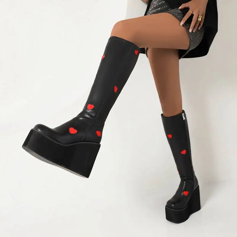 ORCHA LISA Design Shoe Knee-high Boots 37cm Round Toe Wedges Heel 11.5cm Platform Zipper Big Size 43 Booties