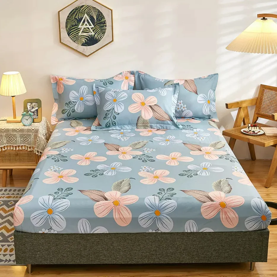 100% Cotton Fitted Sheet with Elastic Band + 2pcs Pillowcase Extra Deep Pocket 20 inch 50cm Deep Flower Printed Mattress Cover