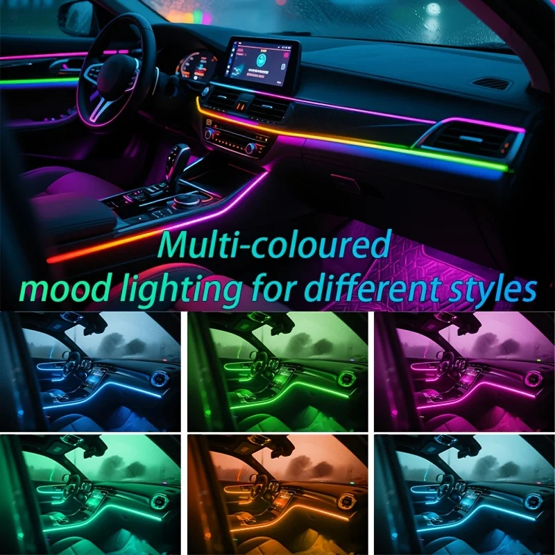 Zestaw oświetlenia wnętrza LED RGB sterowany aplikacją do samochodów, 64 kolory, 10 w 1 akrylowa lampa ambientowa, uniwersalny zestaw 12V do pojazdów
