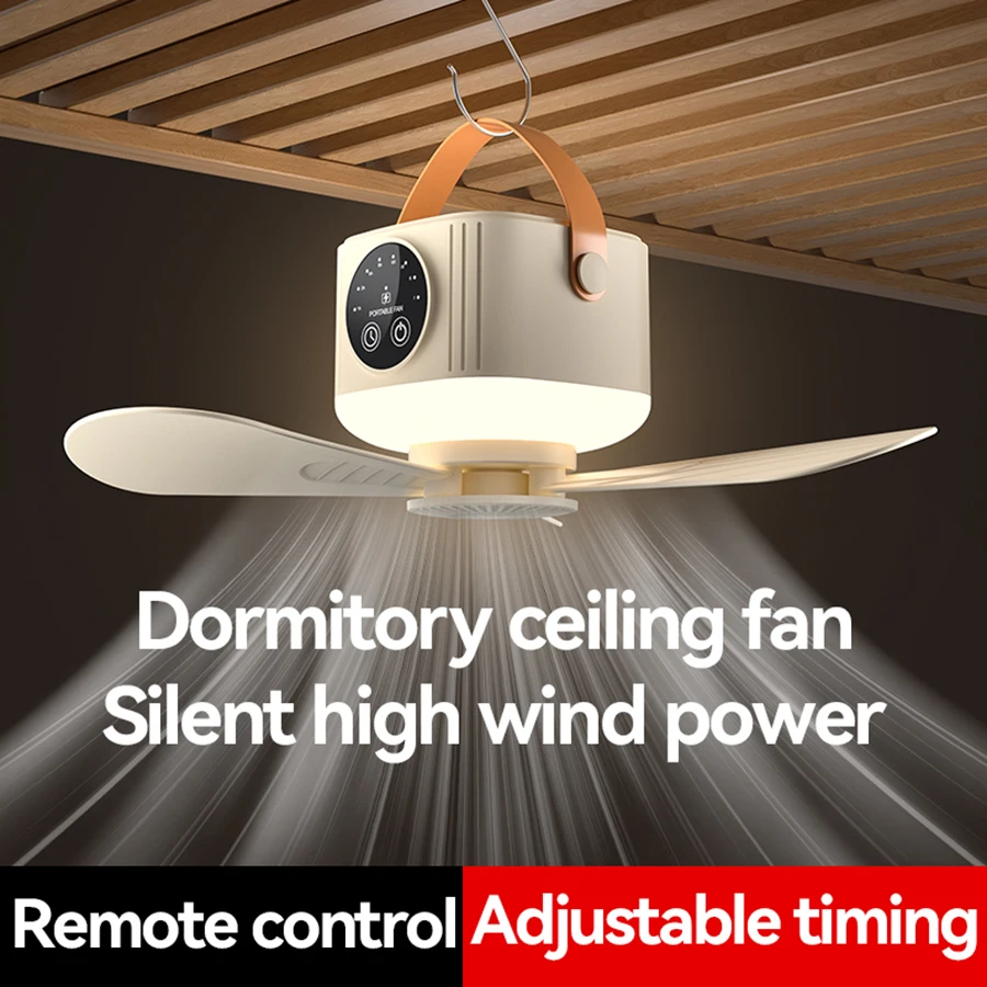 4 Speeds Portable Ceiling Fan, LED Display, 3-Level Night Light, 1-8H Timer, 3600mAh, Remote Control, Quiet Mini Fan for Camping