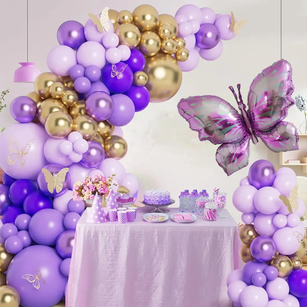 136pcs Purple Gold Balloons Garland Arch Kit With Purple Butterfly Foil Ball For Girls Birthday Wedding Anniversary Party Decora