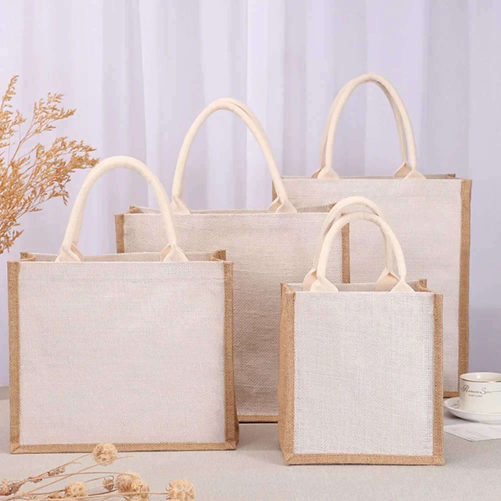 Burlap Jute Tote Shopping Bag Women Vintage Reusable Grocery Shopper Bag Wedding Birthday Gift Bag Handmade Bags Ladies Handbags