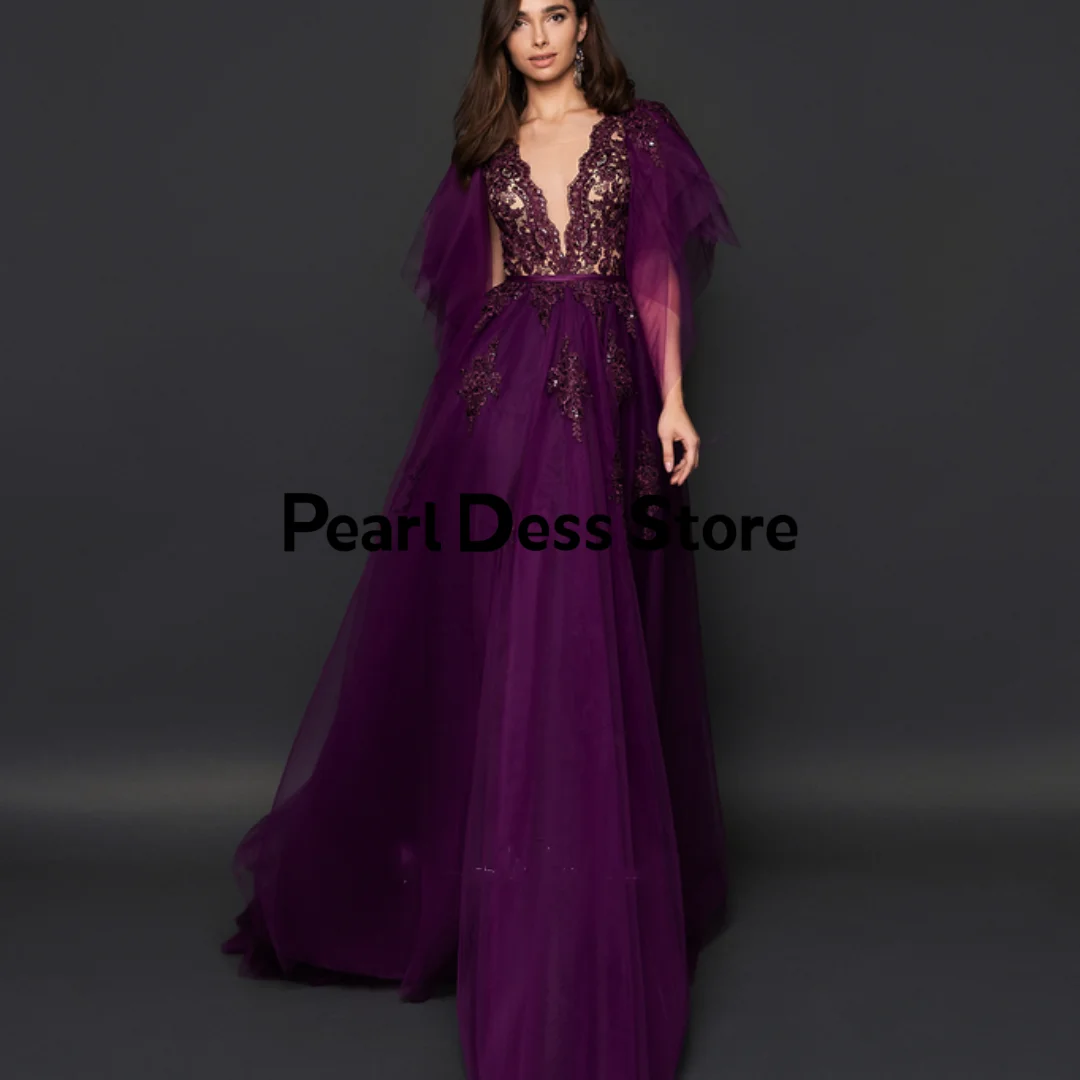 Long Lace Evening Dress Pink Purple Black Detachable Shoulder Cover Deep V-neck A-line Backless Party Prom Dress Graduation