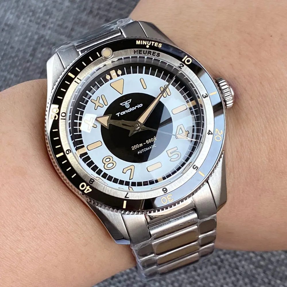 20ATM Diver Vintage Tandorio 40mm Double Bow Sapphire Glass NH35A PT5000 Automatic New Men Watch 120 Clicks Bezel Roman Marks