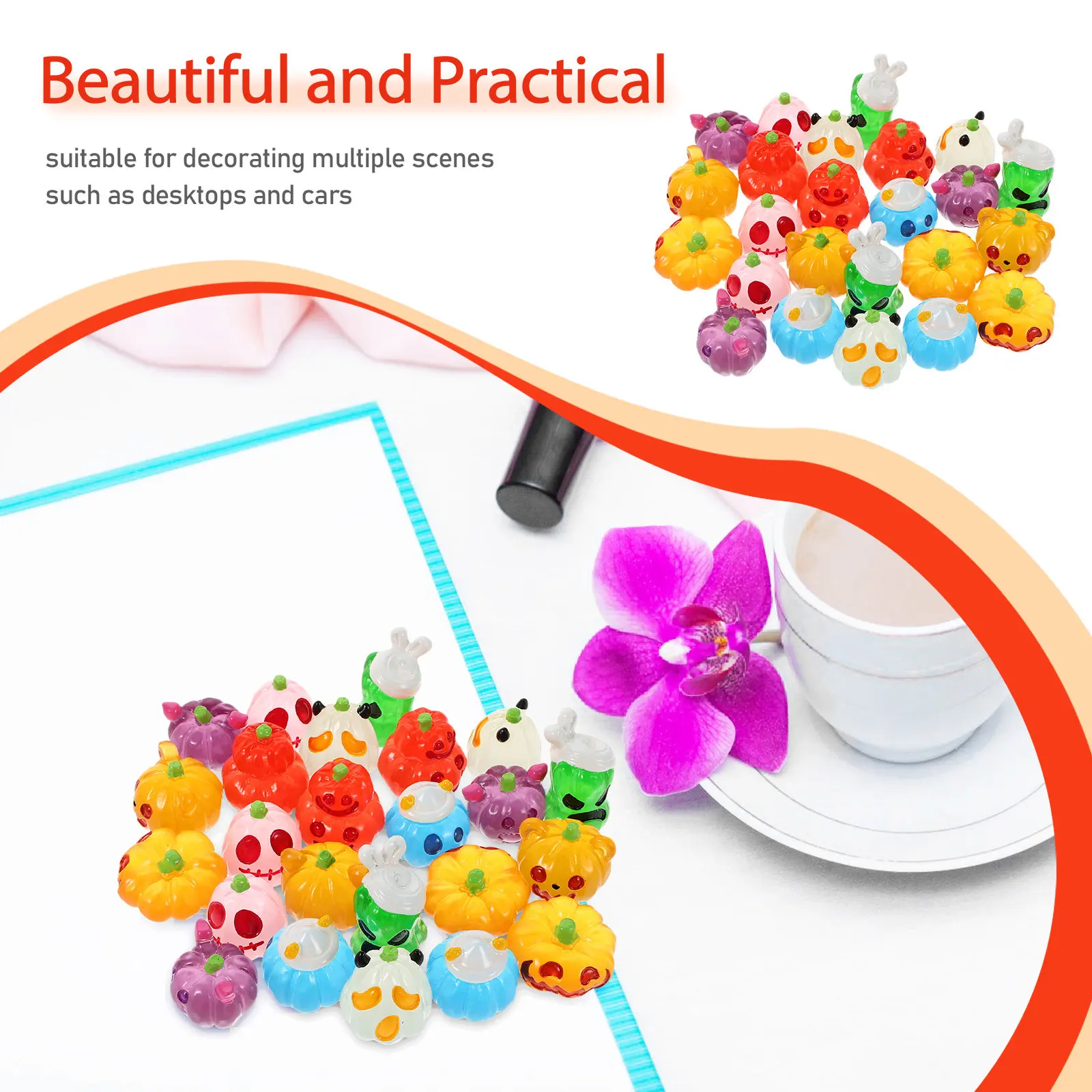 24Pcs Luminous Halloween Mini Resin Pumpkins Ghosts Glow in Dark Decor Small Space Festive Ornaments Micro Landscape Garden