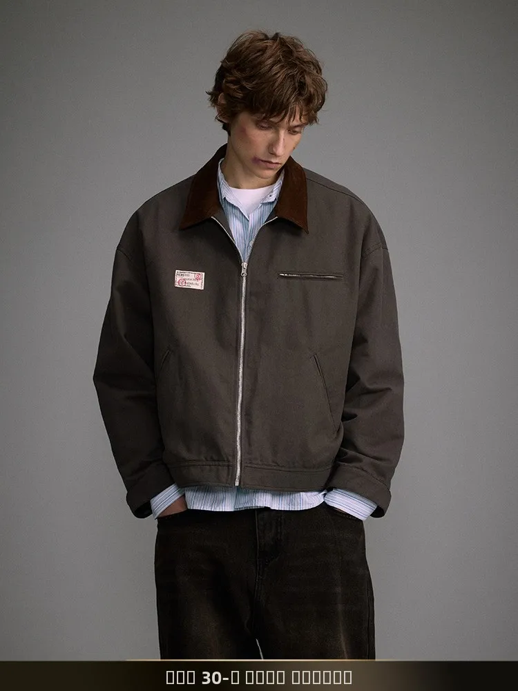 

American Retro Cleanfit ort Collar Color Blo Jaet Men's Spring New Sle Detroit Workwear Coat Youth ular Cotton 00%