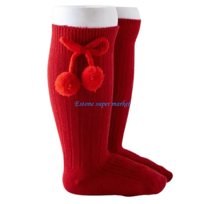 

090B Infant Baby Girls Cotton Knee High Socks with Cherry Plush Ball Bowknot Ribbed Knitted Solid Color Tube Stockings