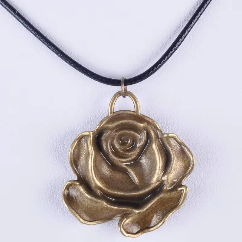 36*31Mm Vintage Antique Bronze Metal Rose Flower Pendant Necklace Women Choker Wax Cord Rope Necklace Jewelry Fashion Jewellery