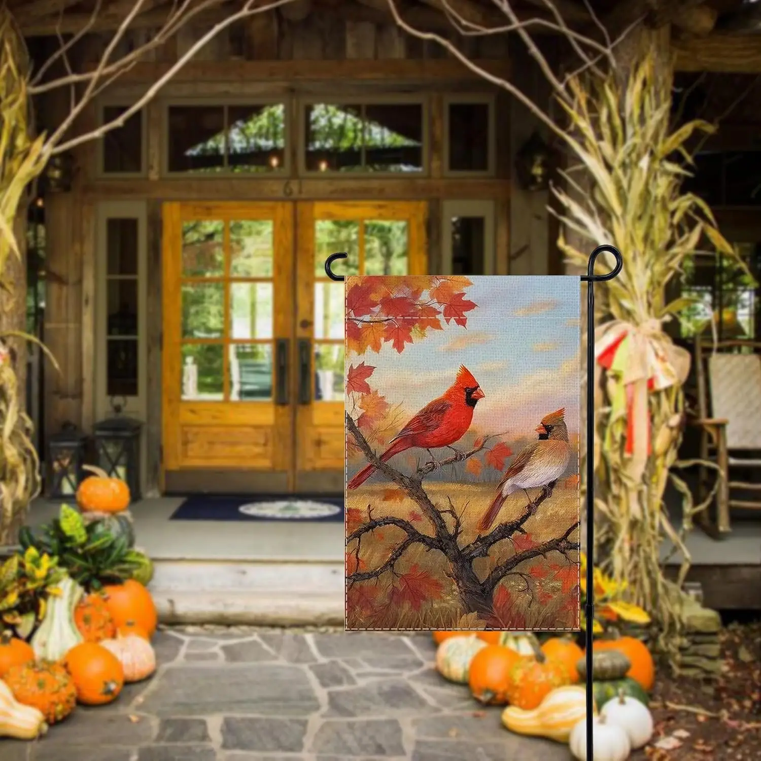 Fall Garden Flag for Outsie, Red Bird Maple Leaves Yard Lawn Home Outside Decor, Outdoor Fall Decoration for Home Double Sid hhz