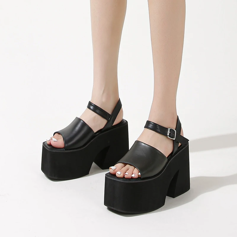 

10cm Chunky Heels Black Platform Sandals Women High Heels Punk Summer White Shoes Comfort Ladies Sandals Chaussures Femme