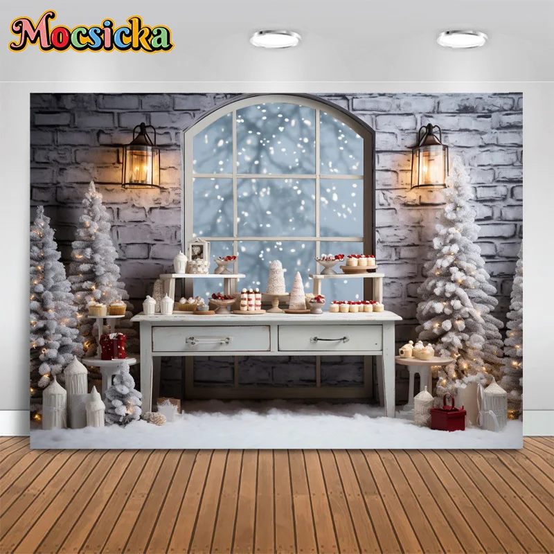 Mocsicka Photography Background Merry Christmas Dessert Xmas Tree Window View Birthday Family Portrait Cake Smash Studio Photo
