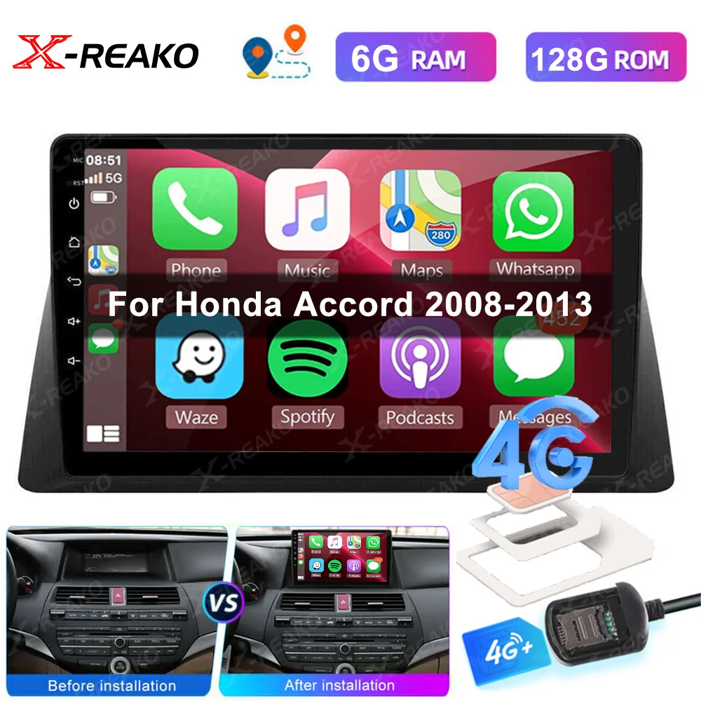 

X-REAKO 2 Din 4/8 Core Car Radio Android 12 Carplay for Honda Accord 8 2008-2013 Multimedia Player GPS Navi Stereo RDS Bluetooth