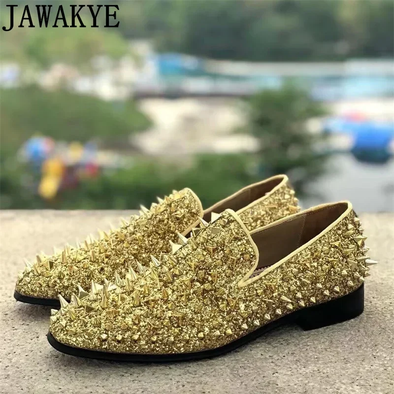 Jakakye-zapatos planos clásicos con remaches brillantes para hombre, mocasines sin cordones de punta redonda, coloridos, moda semanal