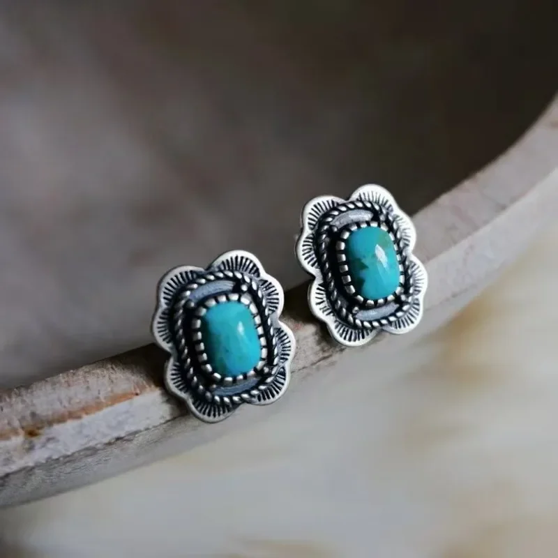 Vintage turquoise stud earrings, flower & diamond antique silver earrings, jewelry.