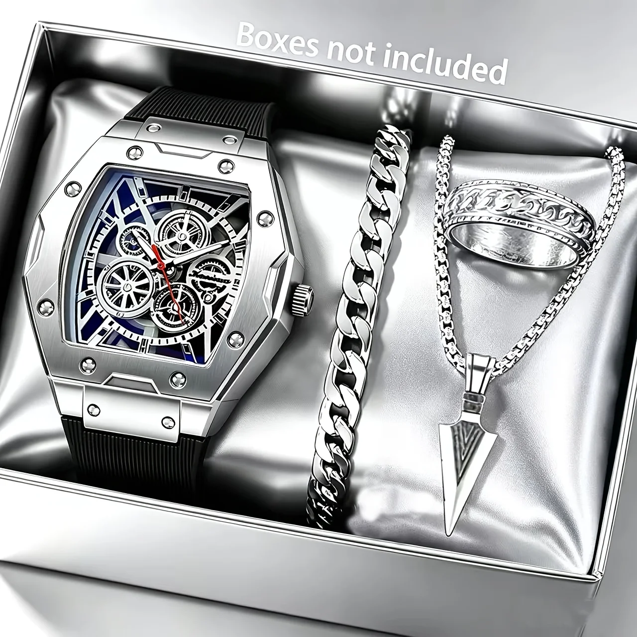 Conjunto de presentes de luxo para homens: relógio de quartzo em aço inoxidável com calendário, colar com pingente em forma de flecha prateada, pulseira e anel.