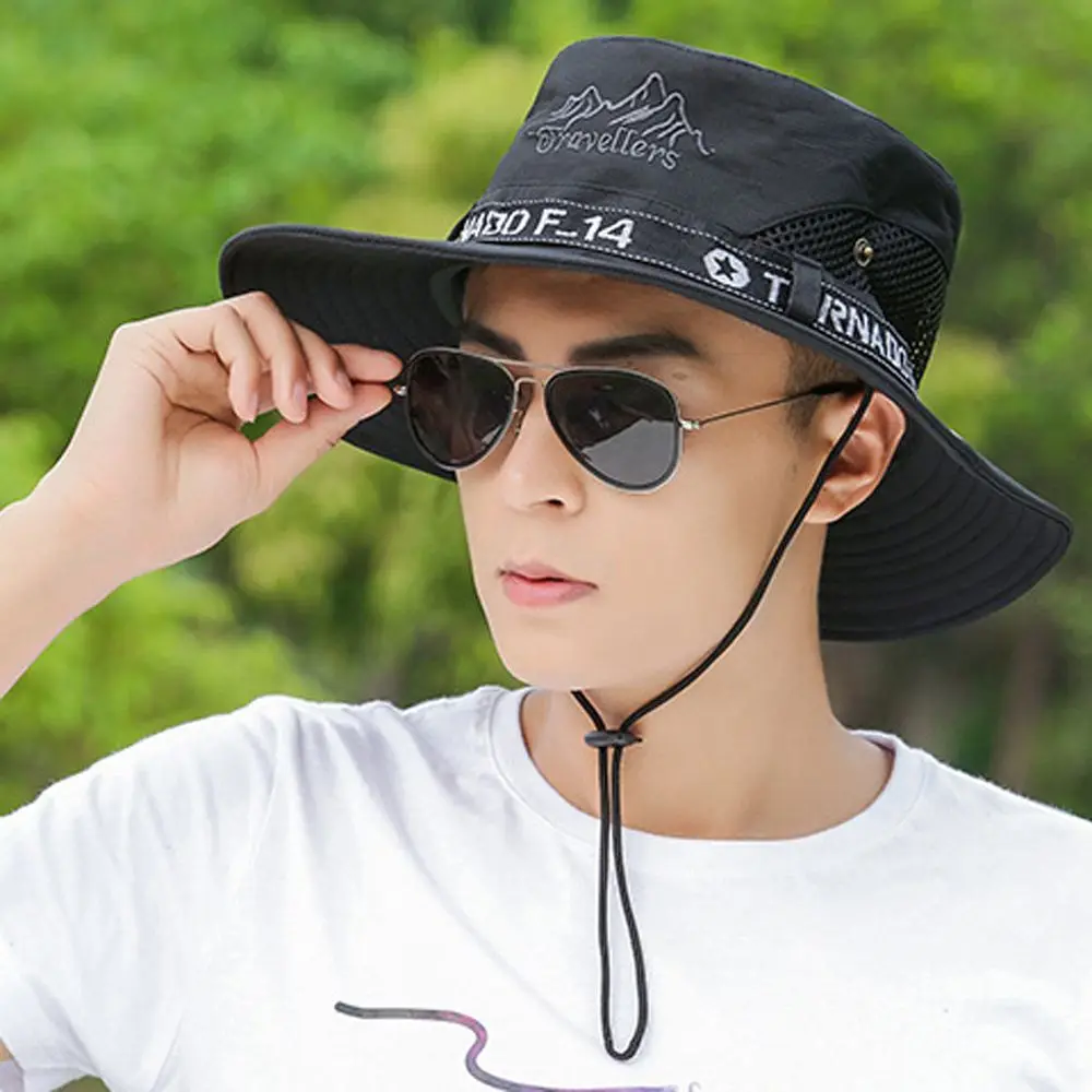 ฤดูร้อนBreathable Letterปีนเขากลางแจ้งตกปลาหมวกปีกขนาดใหญ่หมวกผ้าฝ้ายMan Sun Hat