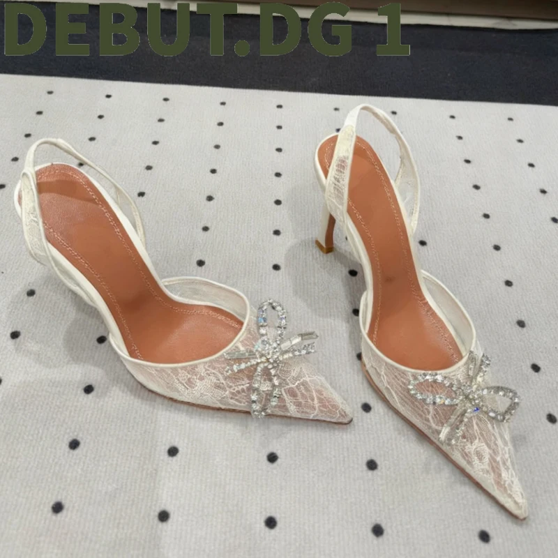 Elegant Lace High Heels 9.5cm 3 Buckle Options Sun Bowknot Crystal Buckle Simple Ladies Dress Shoes