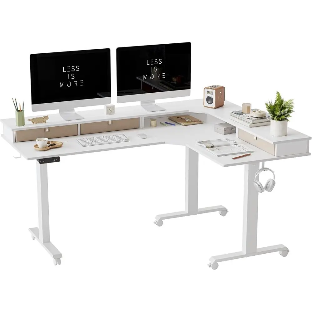 

63 L-Shaped Triple Motor Electric Standing Desk with Adjustable Height, White Top