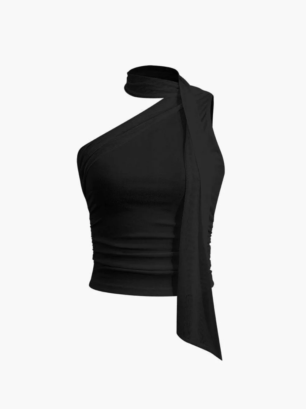 

European and American 2025 summer slim fit single slanted shoulder ribbon scarf design, pleated vest T-shirt top