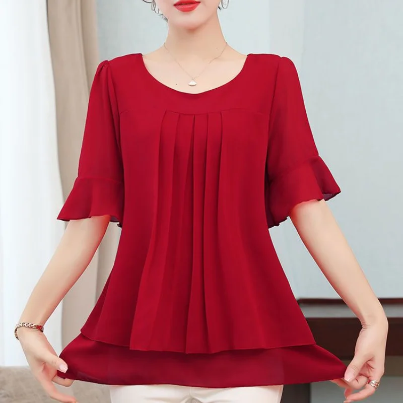 Chiffon Short Sleeve Thin Shirt Tops Summer New Plus Size Loose O-Neck Solid Color Blouse Casual Fashion Office Women Clothing