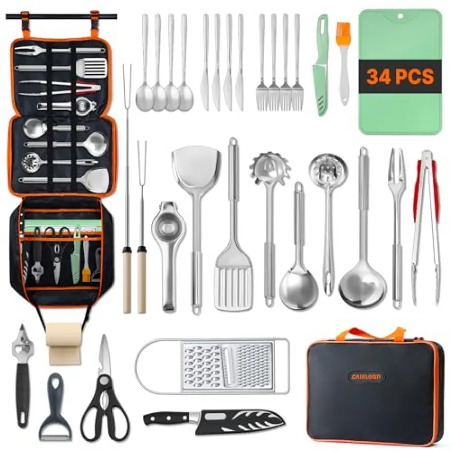 

Portable Camping Cooking Utensils Set, Camp Kitchen Set with Organizer Bag, RV Essentials Outdoor Cooking Utensil Kit for Trave