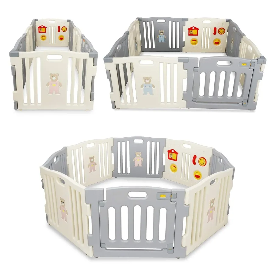 Grey - White Baby Interactive Playpen 8 Panel Safety Gate Children Play Center Child Activity Pen