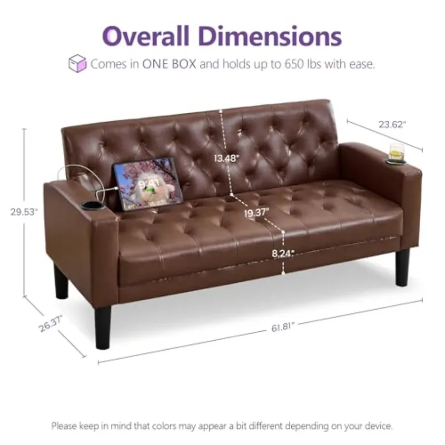 Living room small leather loveseat in brown with USB charging port, premium top-grain leather, compact 62-inch design