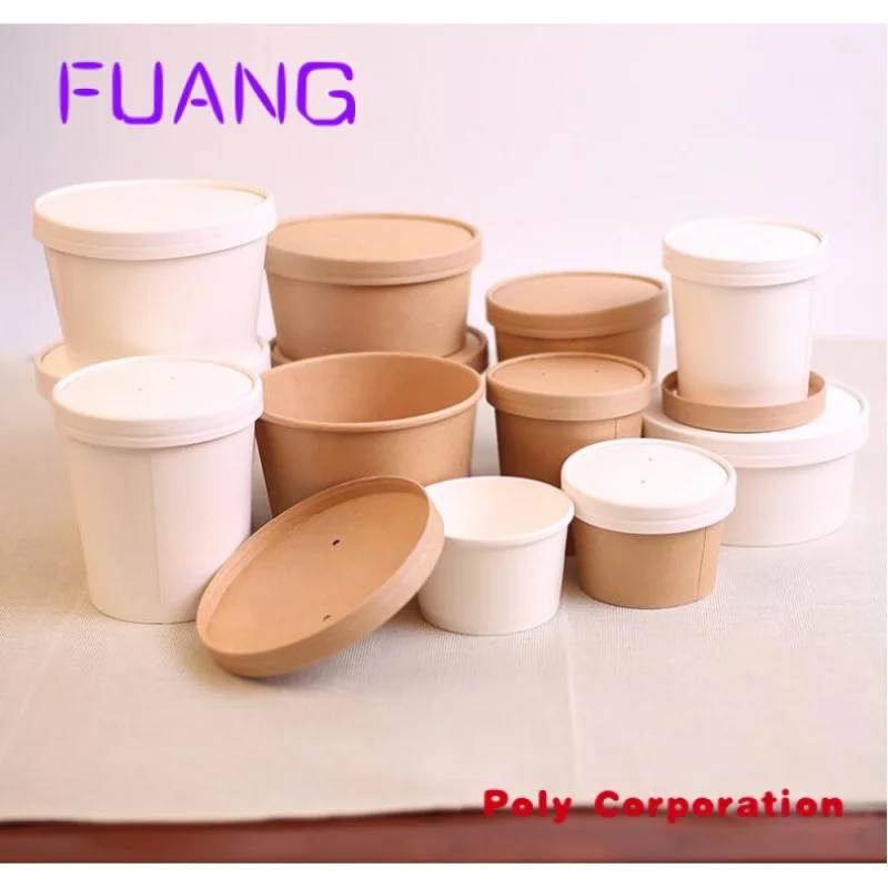 Custom  ECO Disposable Kraft Paper Soup Cup Bowl with Paper lid  take away lunch packing takeout food packaging bucket