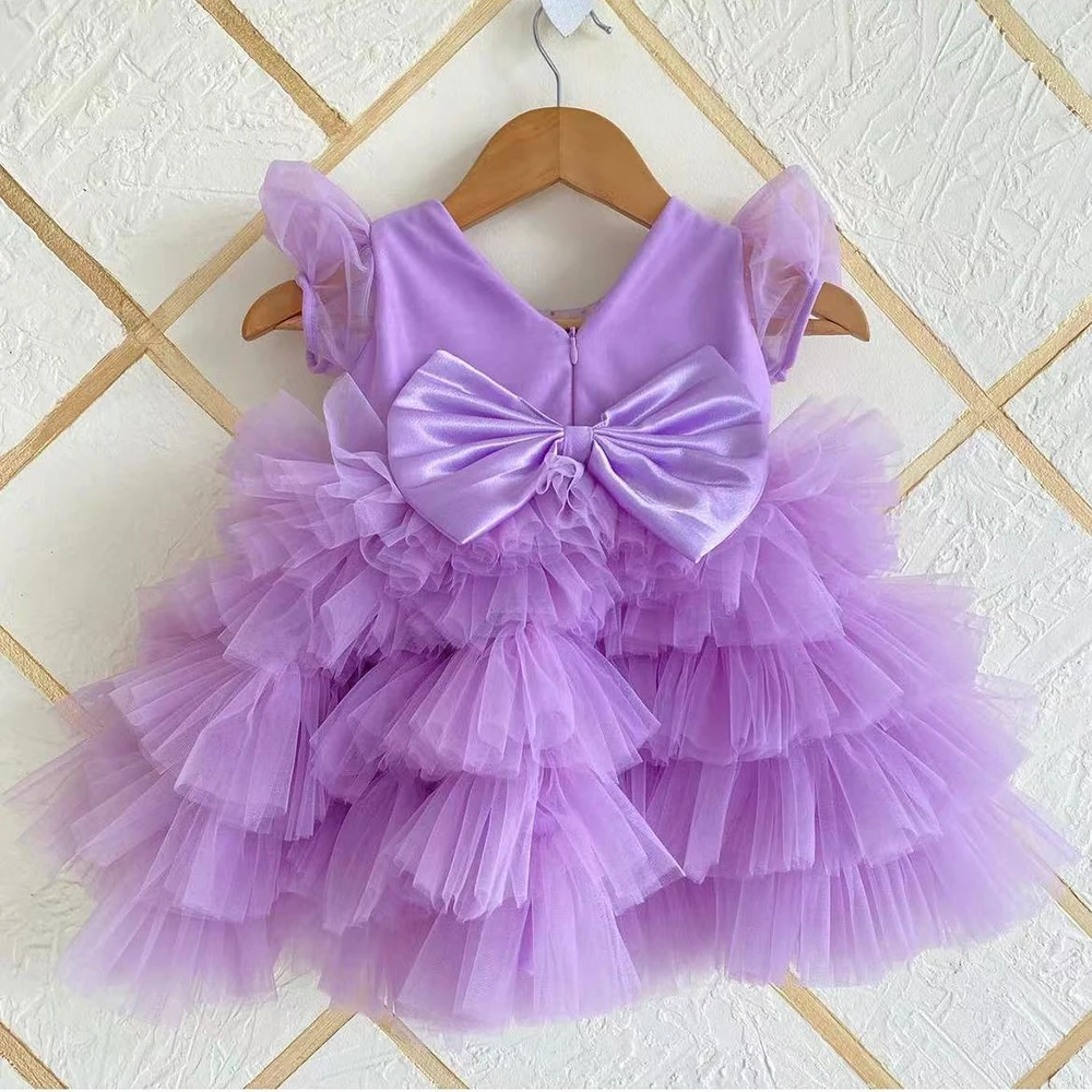 

Custom Tulle Puffy Tiered Pearls Sequins Flower Girl Dress For Wedding With Bow Kids Birthday Party First Communion Ball Gowns