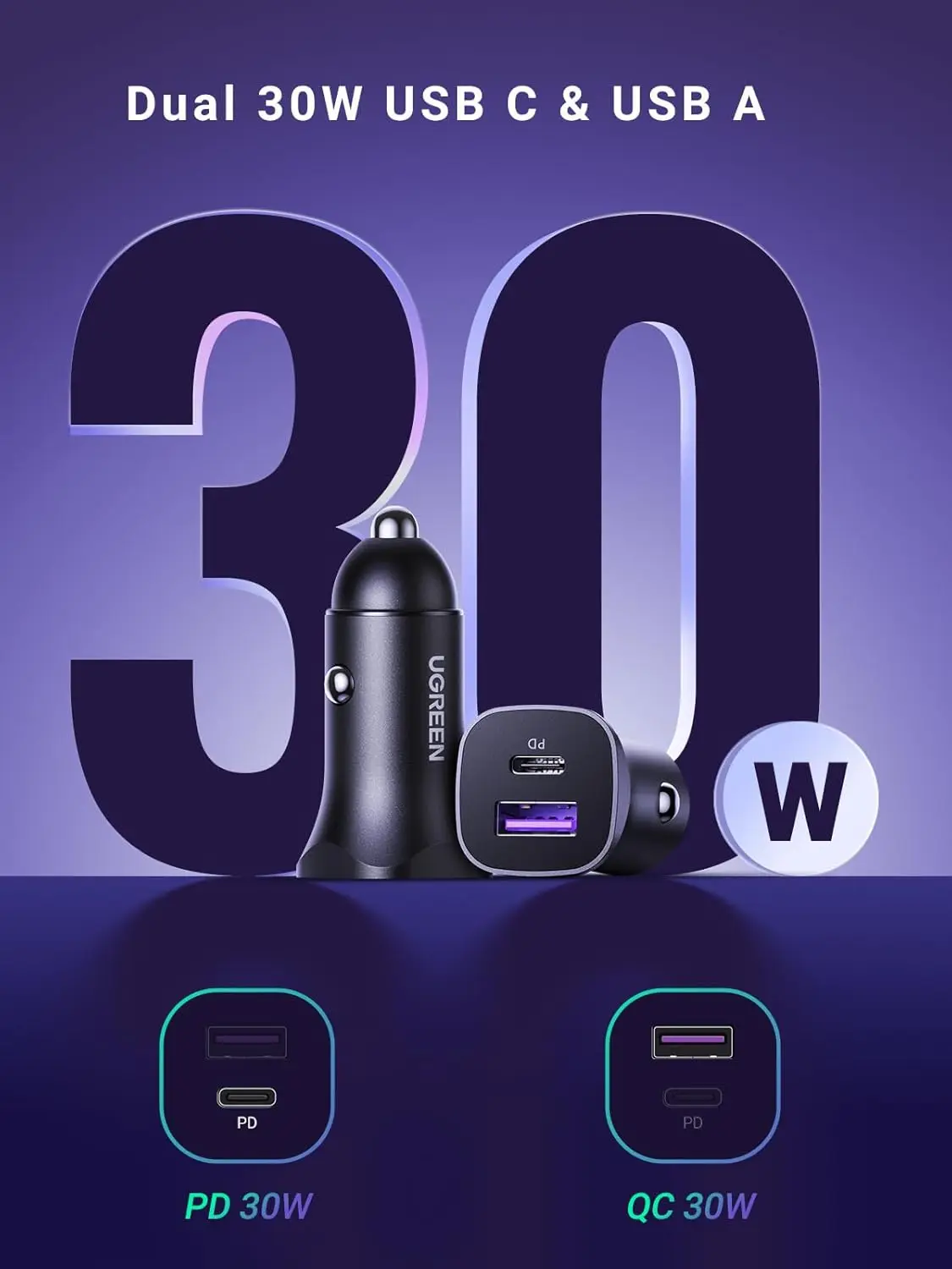 UGREEN 30W USB C Car Charger Adapter, PD30+QC30W Cigarette Lighter USB Charger, Fast Charging for iPhone 15