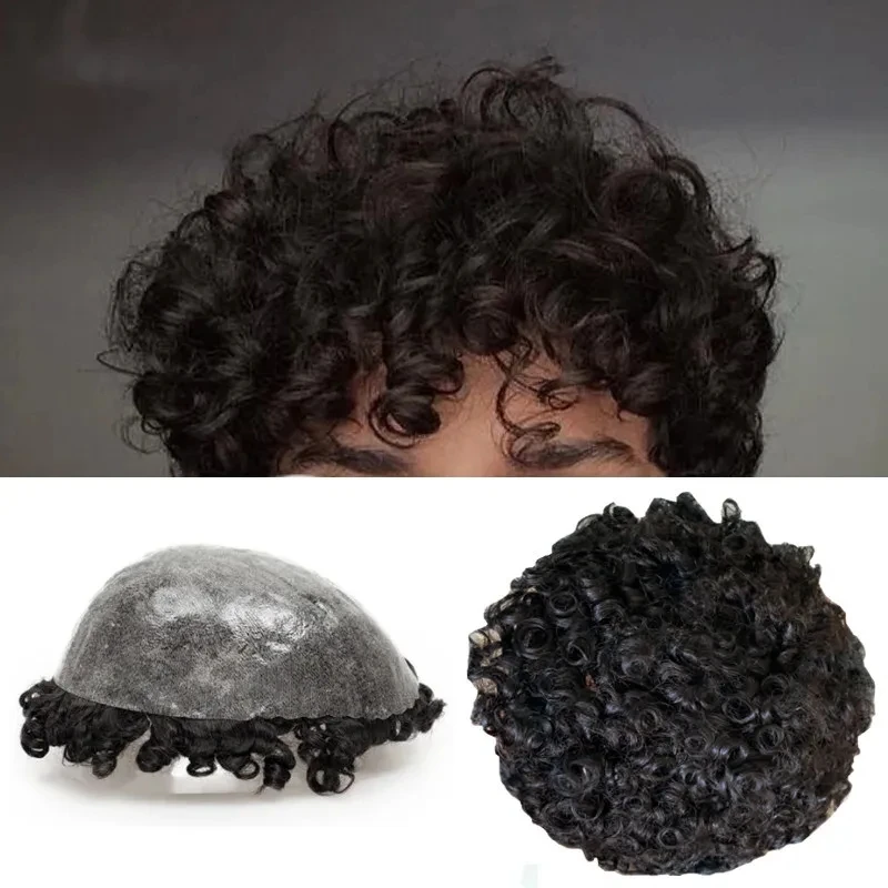 15mm Afro Curly Mens Toupee Black Super Durable Human Hair African American Wig Thin Skin Full PU Microskin Capillary Prosthesis